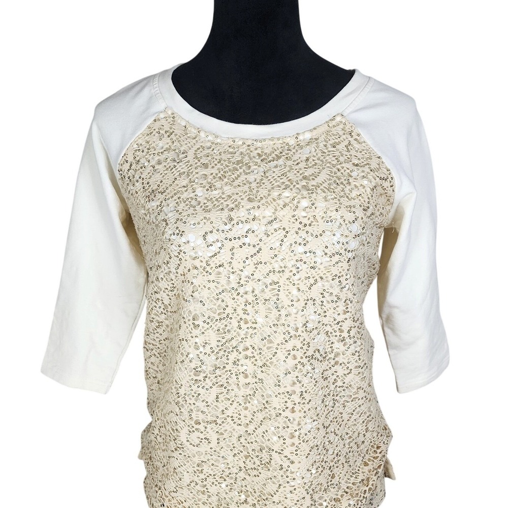 BOSTON PROPER Size‎ XXS Gold Sequin Lace Cream Raglan Sleeve Jersey Knit Shirt